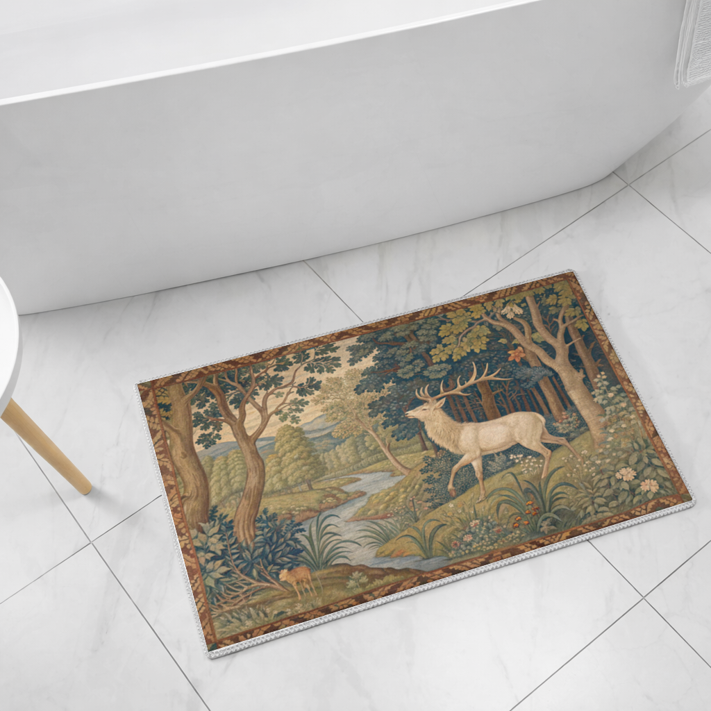 Noble Deer in Forest Landscape Classic Art Illustration Bath Mat