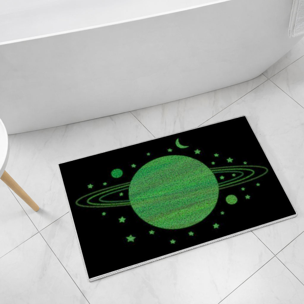Green planets on a black background. Bath Mat