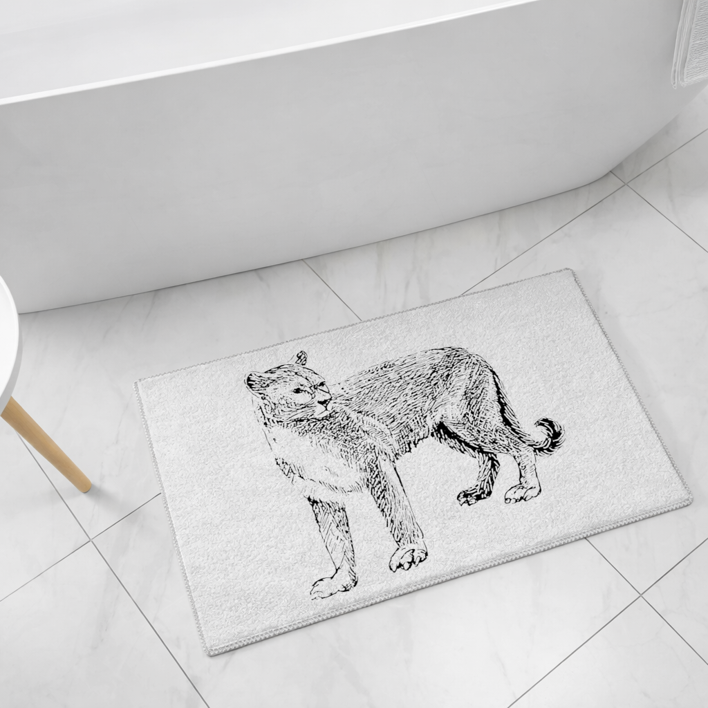 Black and White Wild Cat Sketch Illustration Bath Mat