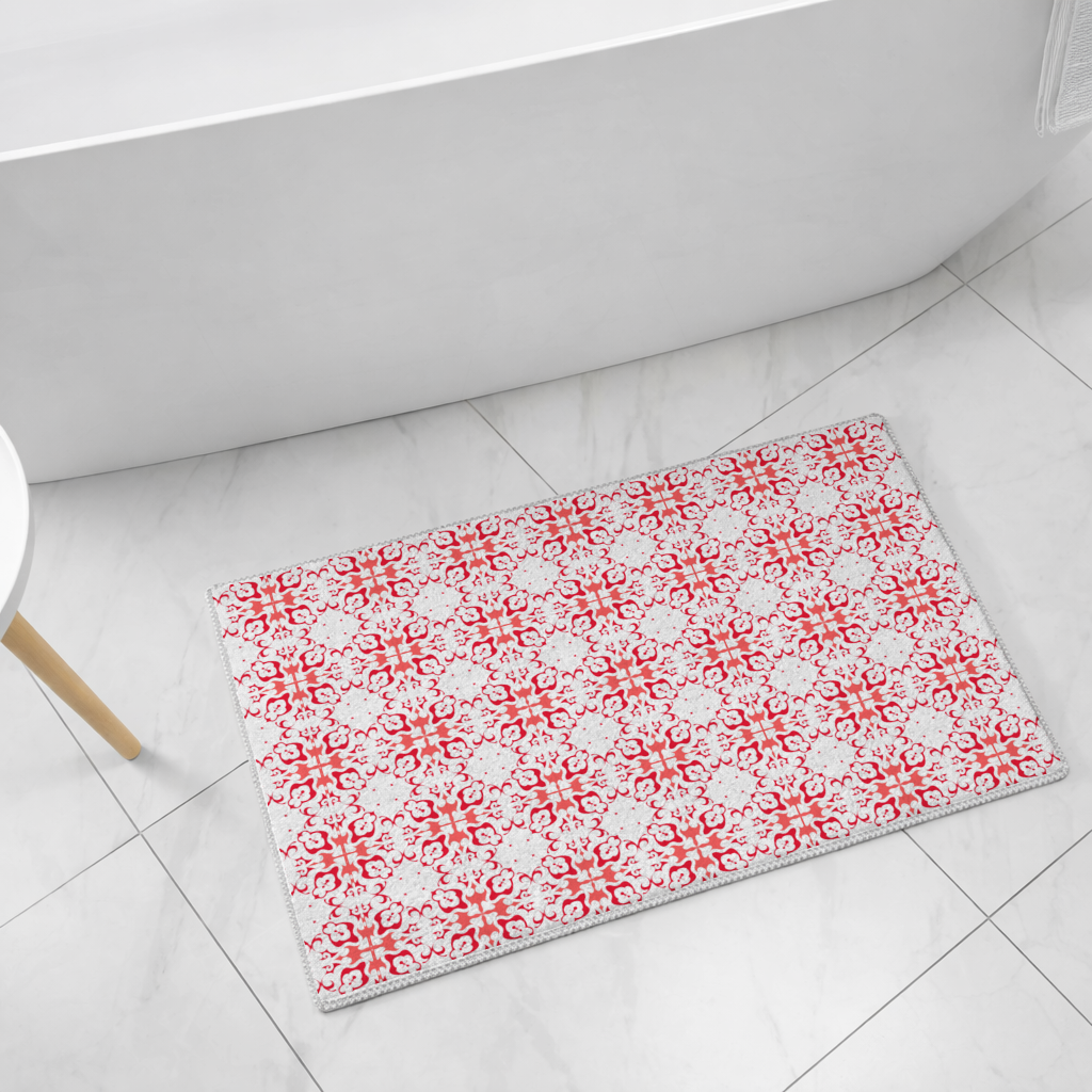 Red and White Traditional Tile Style Pattern Bath Mat
