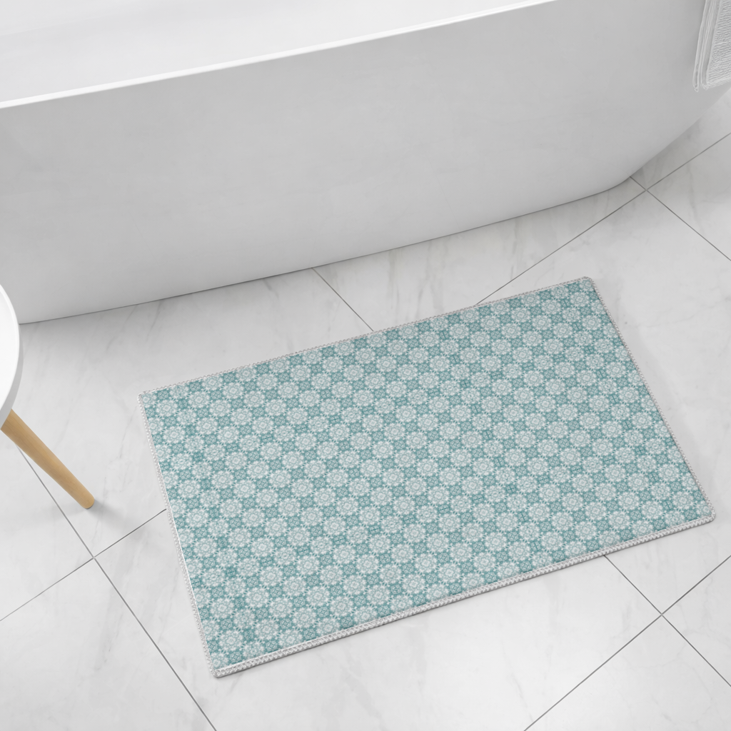 Blue Pixelated Geometric Ornament Pattern Bath Mat