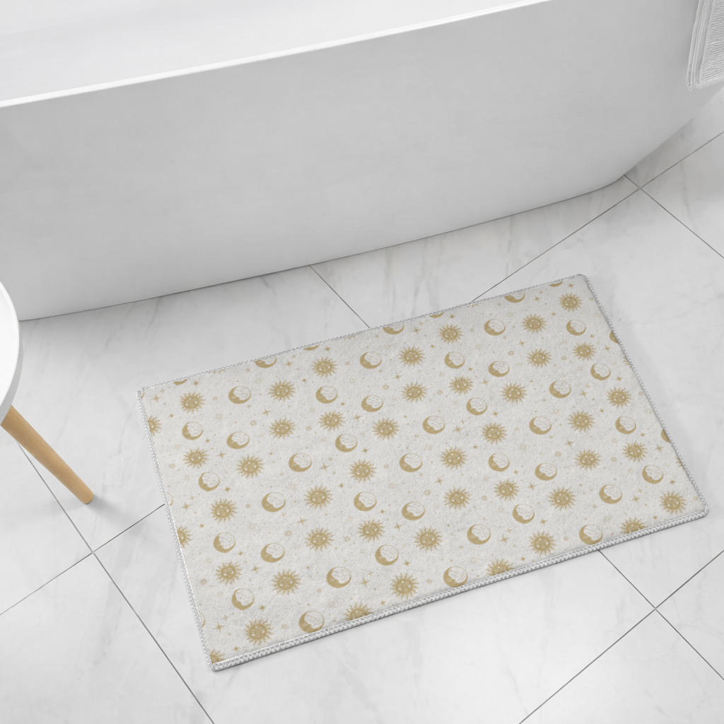 Golden Sun and Moon Mystical Pattern Bath Mat