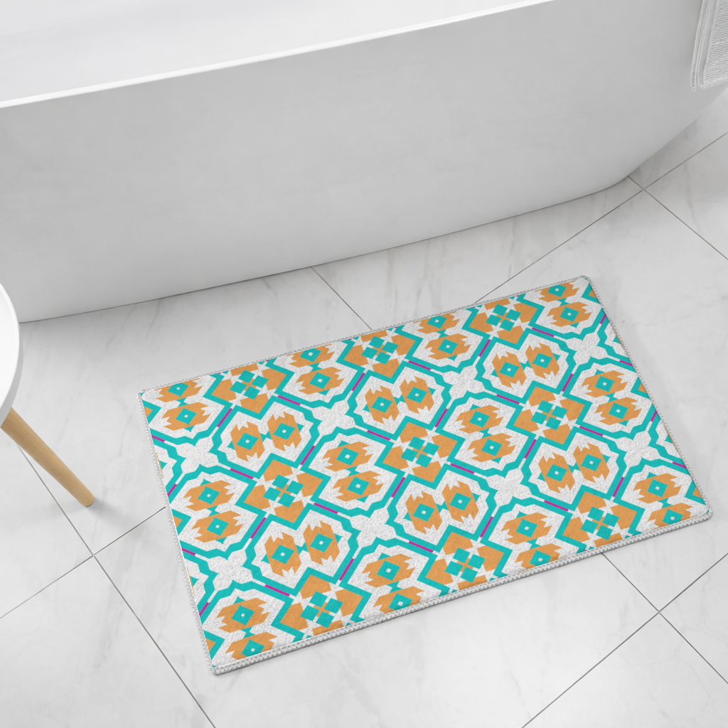 Orange and Turquoise Geometric Pattern Bath Mat