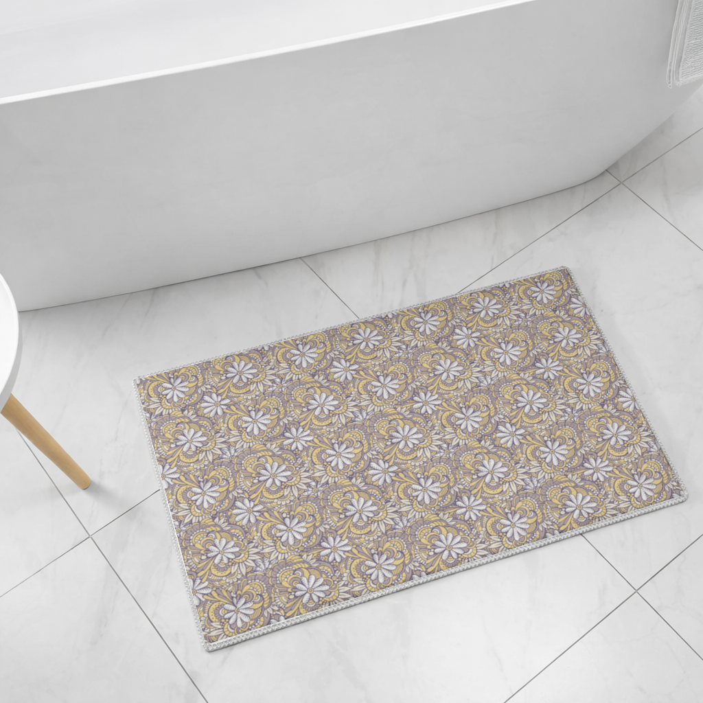 Retro Floral Doodle and Mandala Pattern Bath Mat
