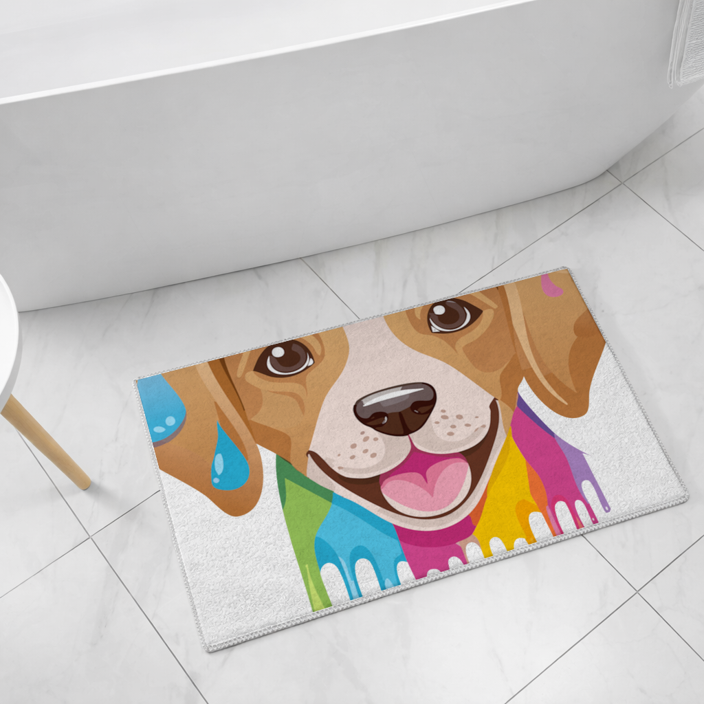 Happy Dog with Colorful Paint Drips Bath Mat
