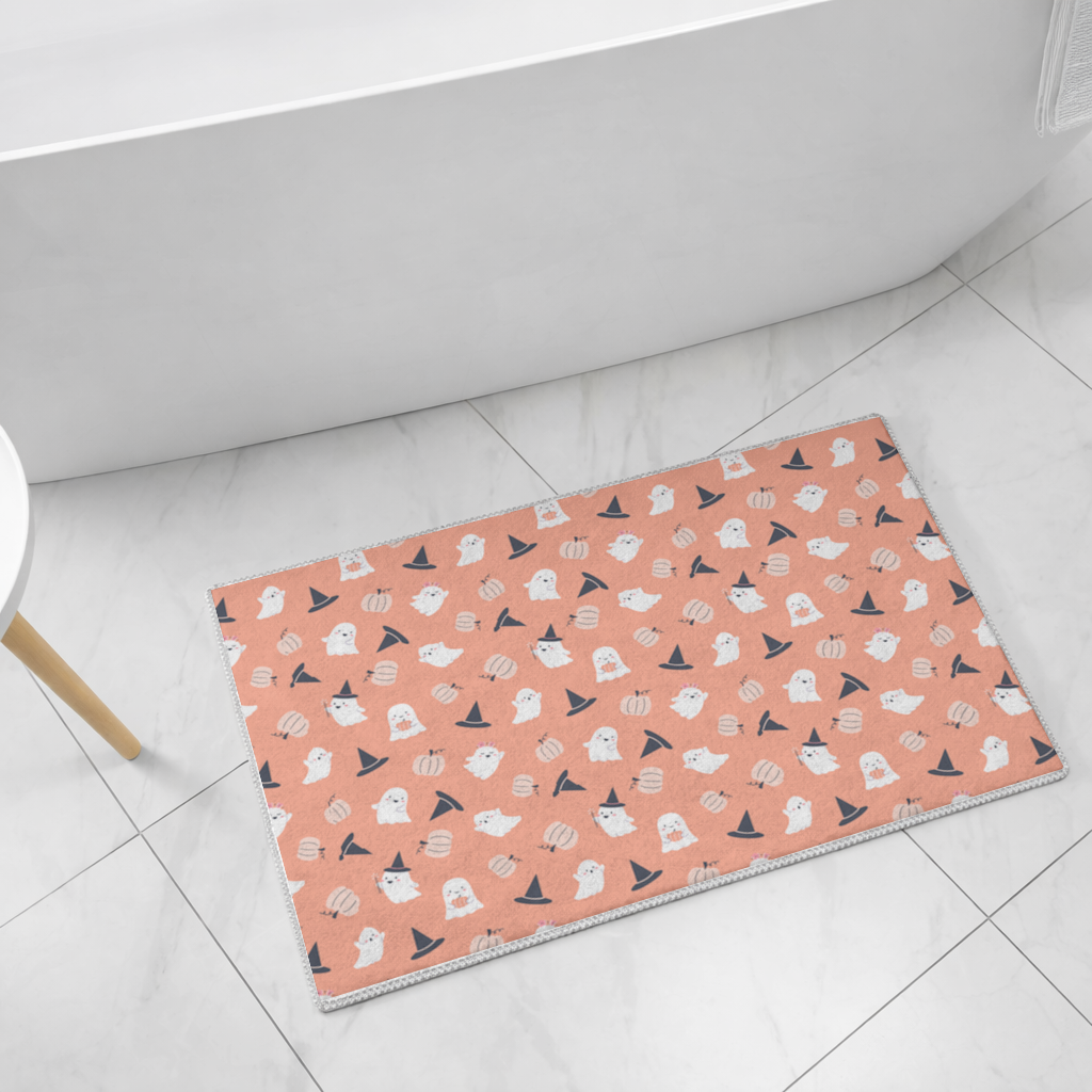 Cute Pumpkin and Witch Hat Ghost Pattern Bath Mat