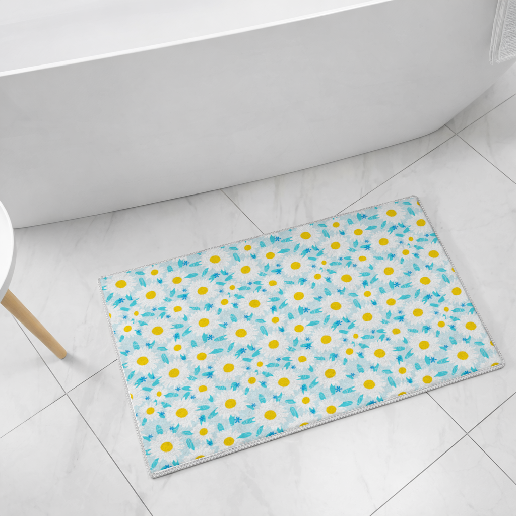 Daisy Garden and Turquoise Leaves Pattern Bath Mat