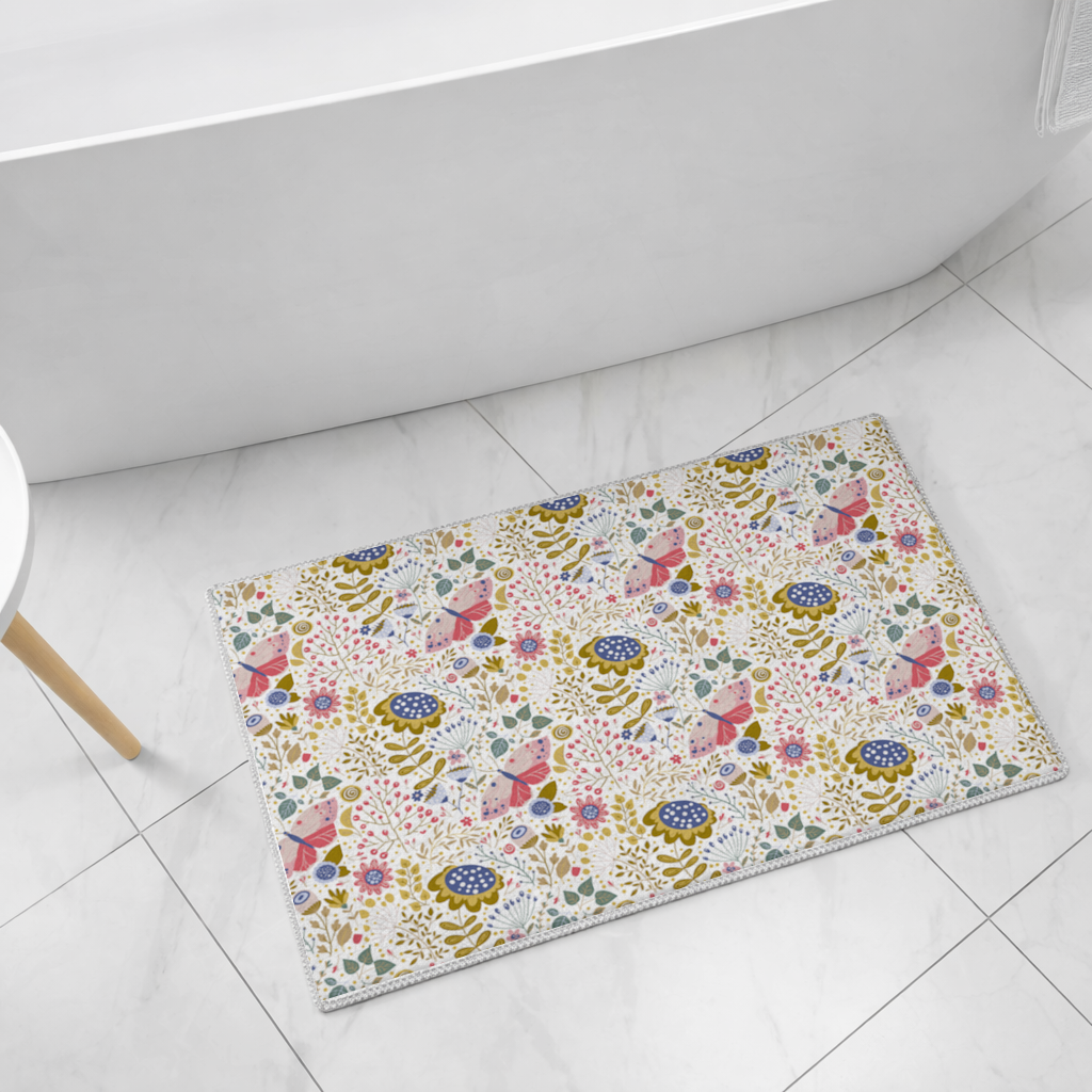 Folk Art Floral and Butterfly Pattern Bath Mat