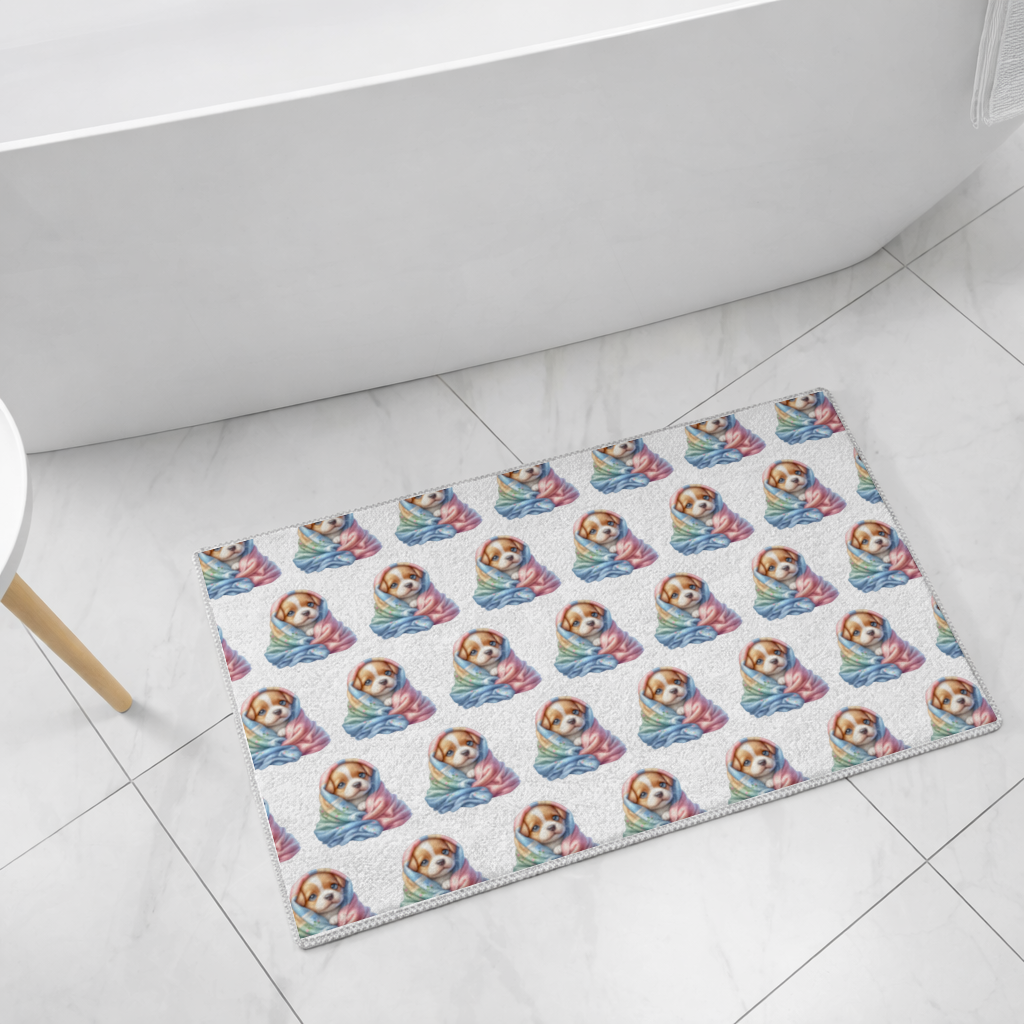 Cute Puppy Wrapped in Colorful Blanket Bath Mat