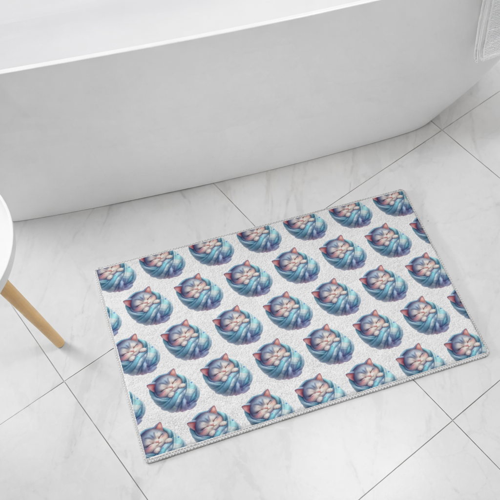 Kawaii Sleeping Kitten in Blue Swaddle Bath Mat