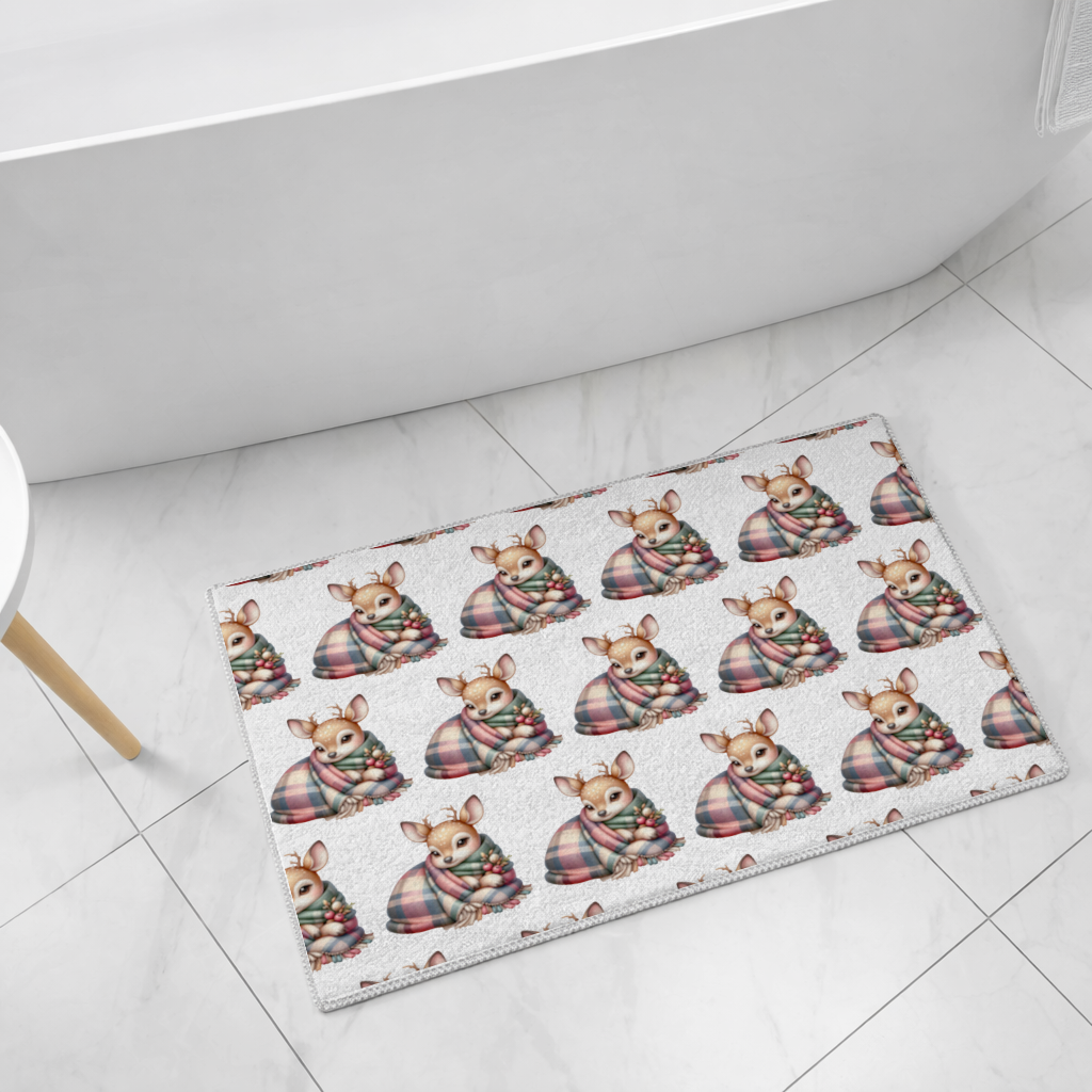 Kawaii Baby Deer with Plaid Scarf Bath Mat