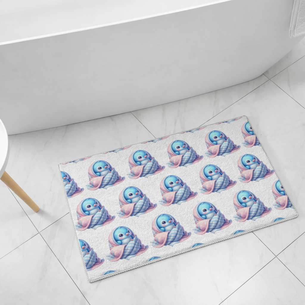 Kawaii Blue Bird in Blanket Bath Mat