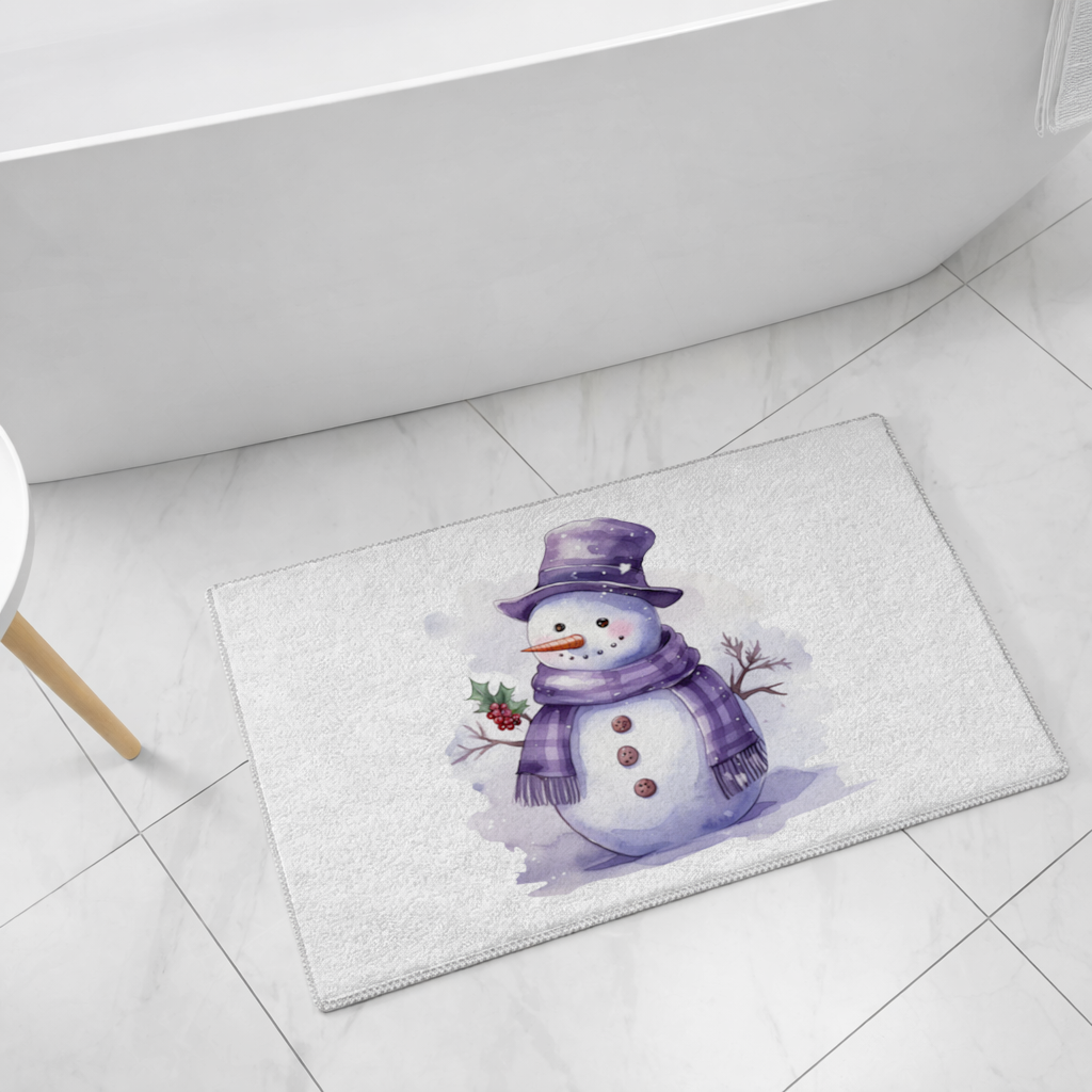 Whimsical Purple Snowman Bath Mat