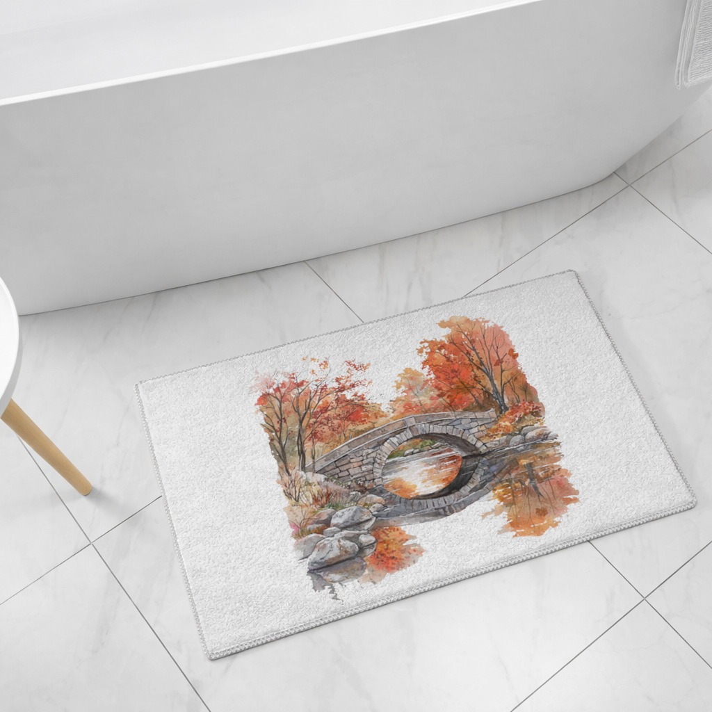 Autumn Stone Arch Bridge Over River Bath Mat