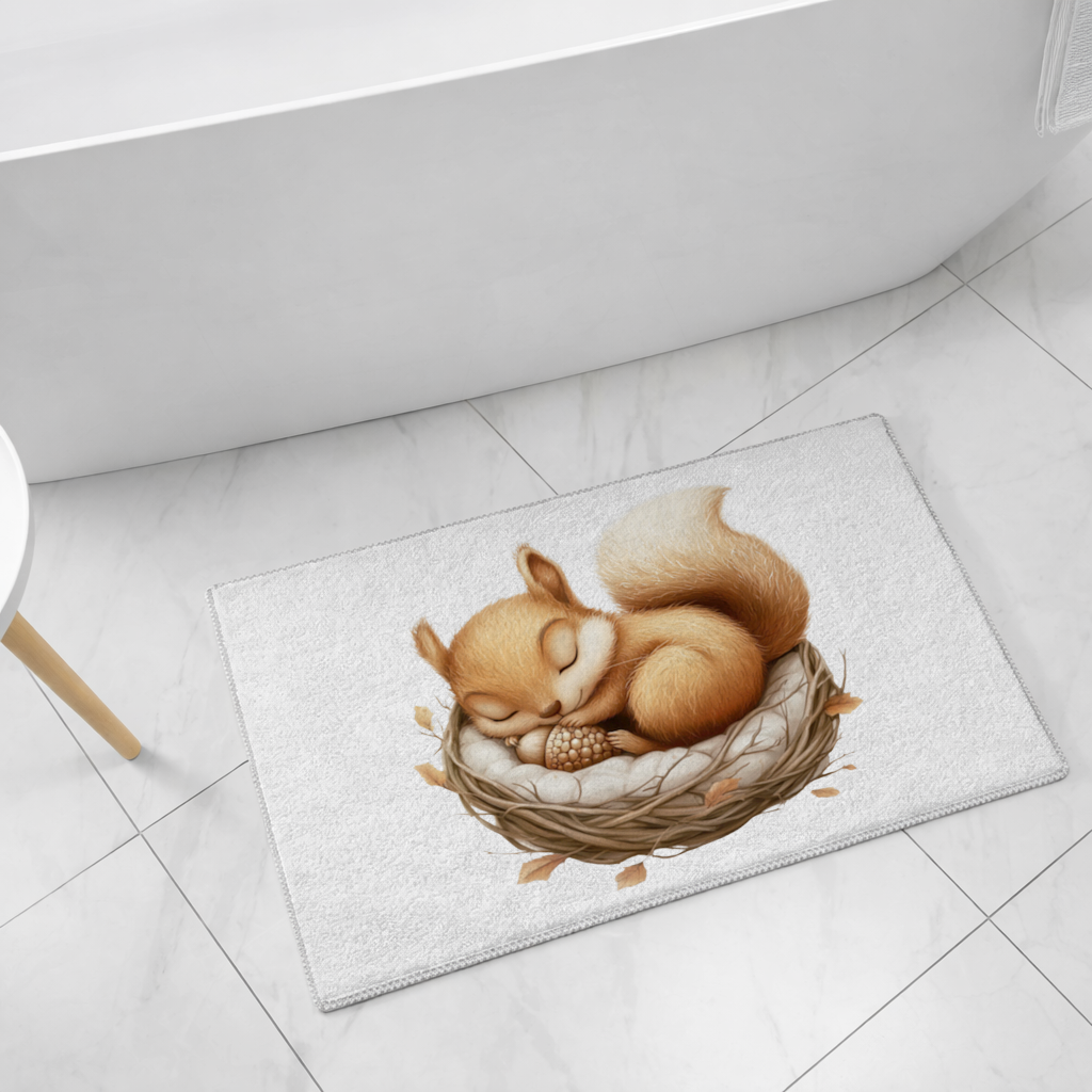 Sleeping Baby Squirrel in Nest Bath Mat