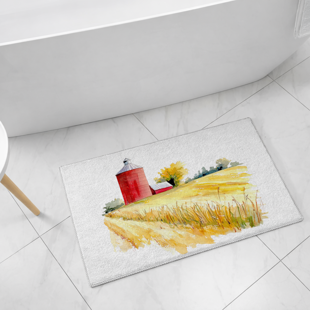 Red Farm Silo and Golden Wheat Field Bath Mat