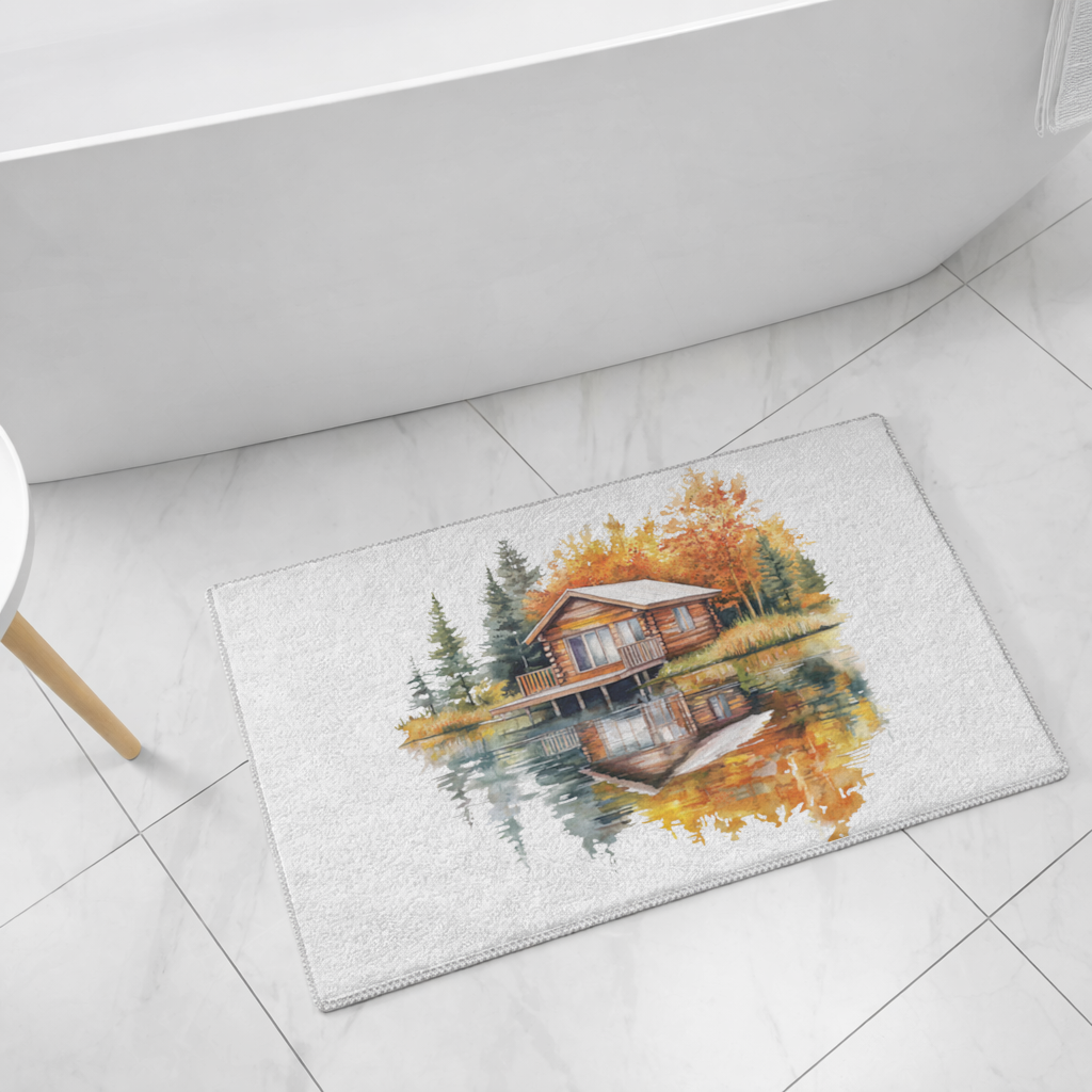 Lakeside Log Cabin Autumn Landscape Bath Mat
