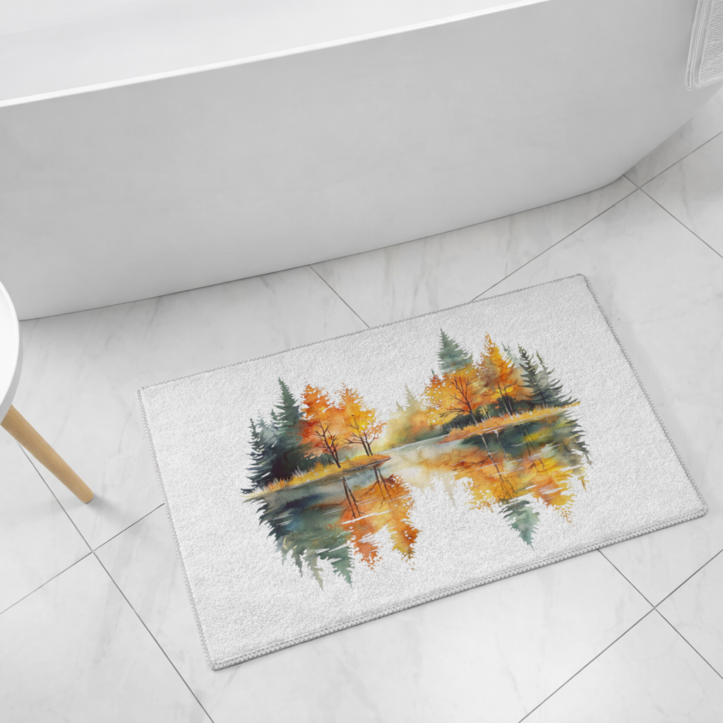 Autumn Forest Lake Reflection Bath Mat