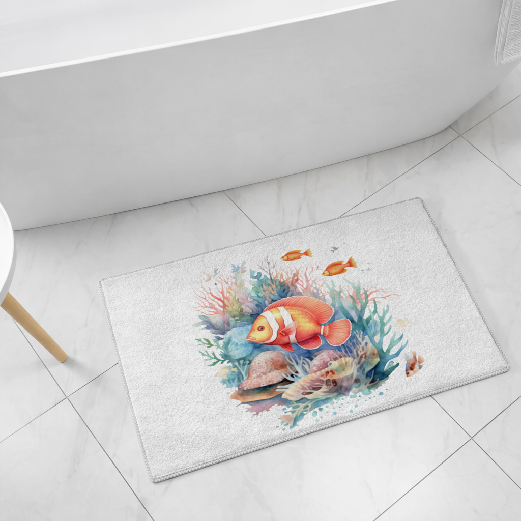 Watercolor Clownfish and Tropical Coral Reef Bath Mat