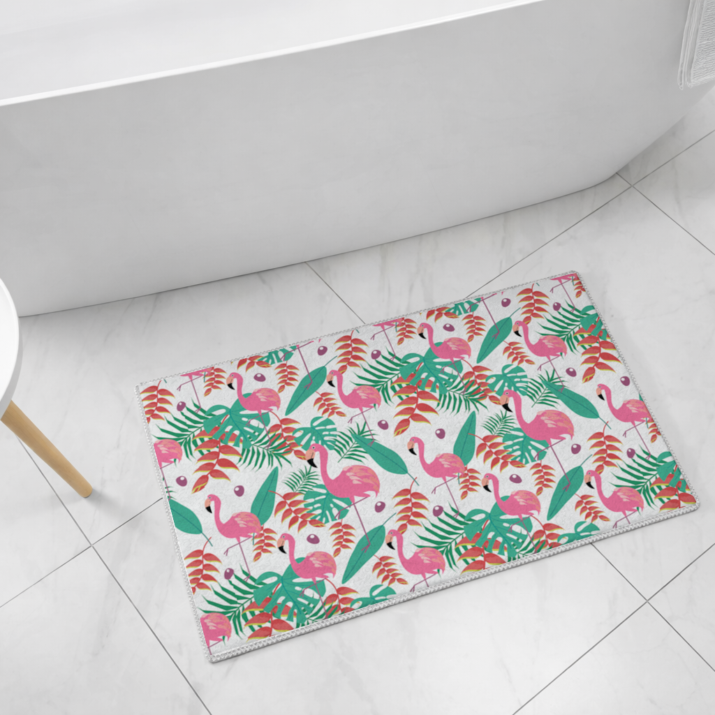 Pink Flamingo Tropical Leaves Bath Mat