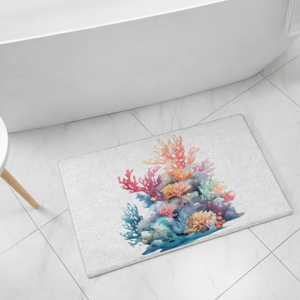 Renkli Suluboya Mercan Kayalığı Banyo Halısı