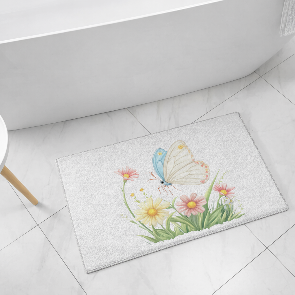 Pastel Kelebek ve Kır Çiçekleri Bahçesi Banyo Halısı