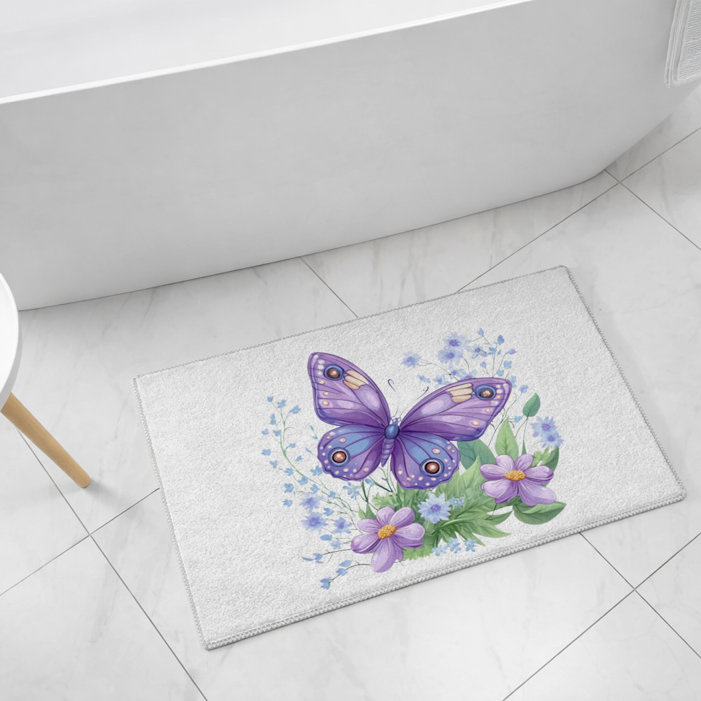 Mor Kelebek ve Mavi Kır Çiçekleri Banyo Halısı