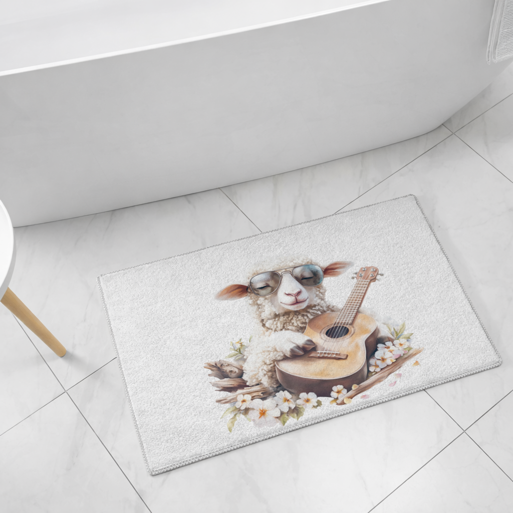 Cool Sheep Playing Ukulele with Flowers Bath Mat