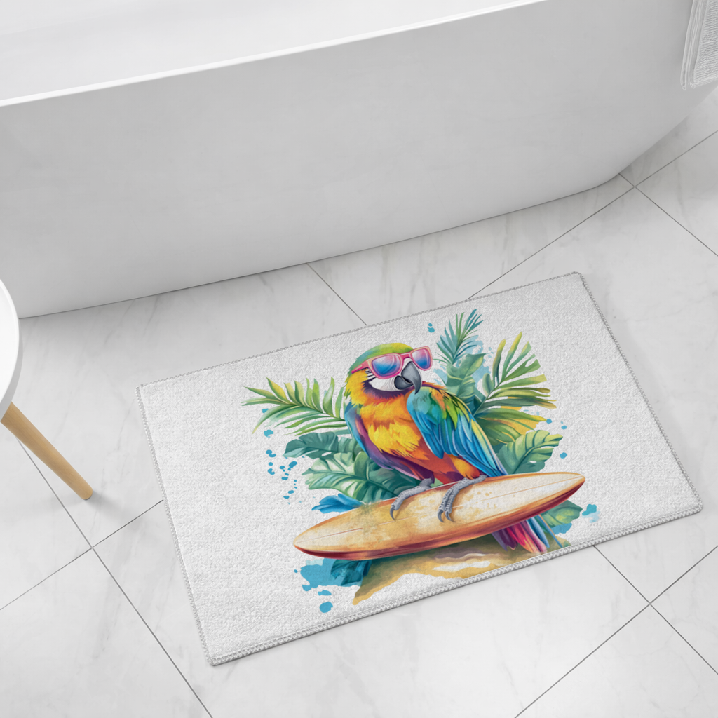 Sörf Yapan Güneş Gözlüklü Papağan Banyo Halısı
