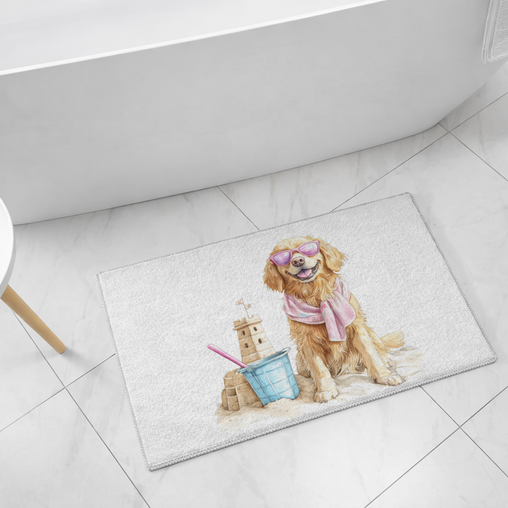 Plajda Pembe Gözlüklü Golden Retriever Banyo Halısı
