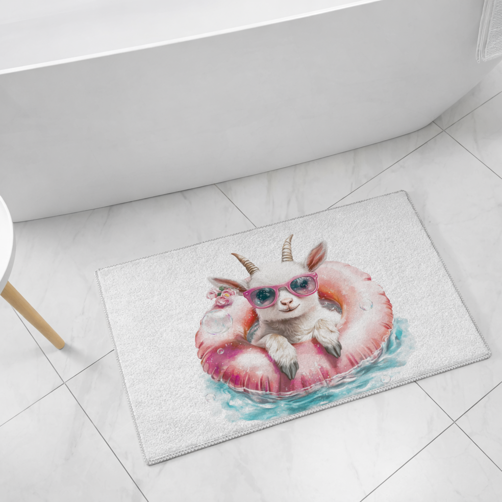 Baby Goat in Pink Pool Ring Bath Mat