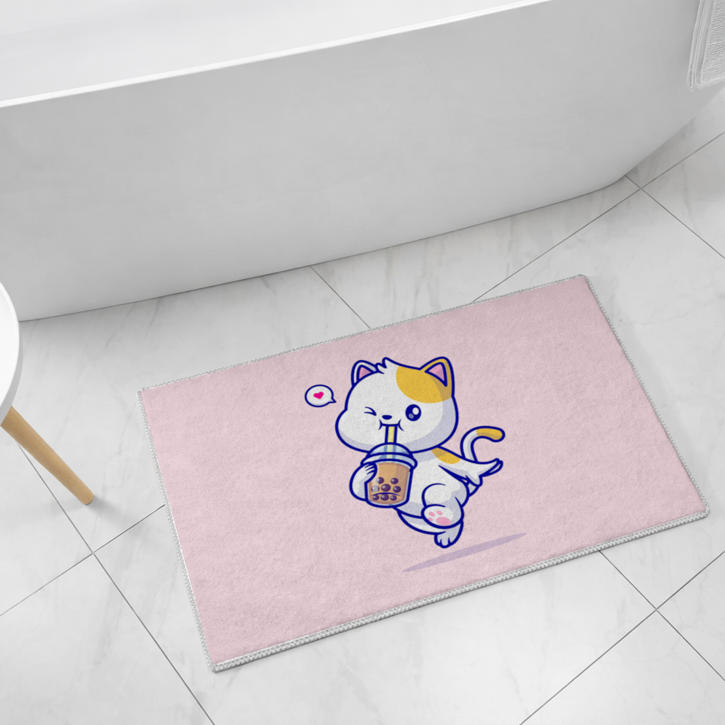 Boba Çayı İçen Kawaii Kedi Banyo Halısı