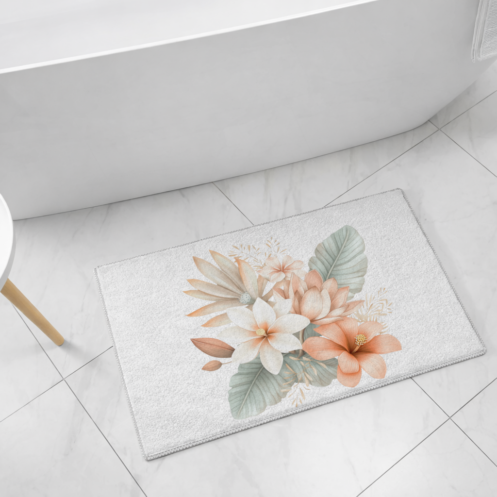Şeftali Tonlu Tropikal Çiçek Buketi Banyo Halısı