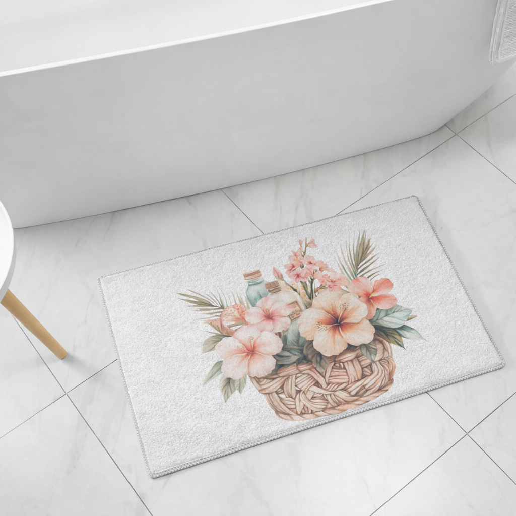 Tropical Hibiscus Flower Woven Basket Bath Mat