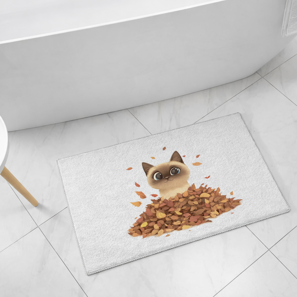 Siamese Cat in Autumn Leaf Pile Bath Mat