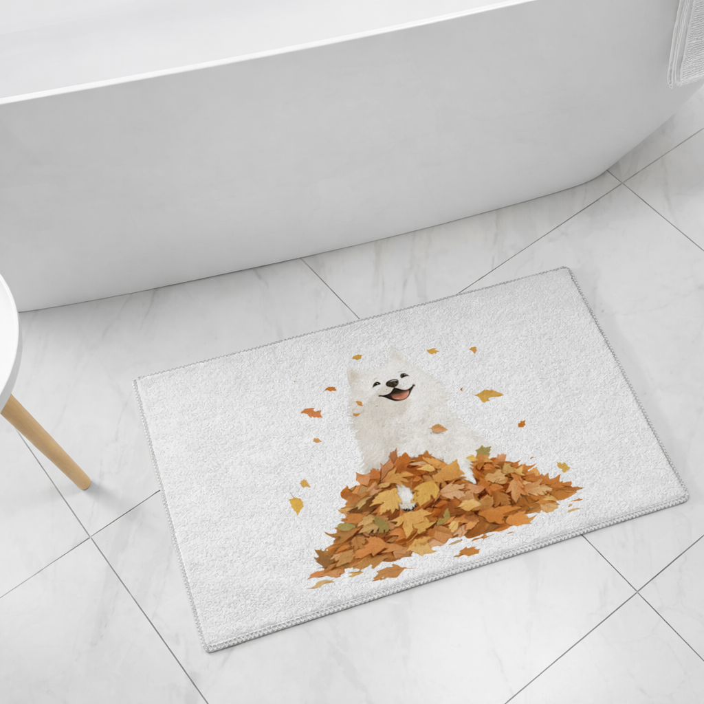 Happy White Dog in Autumn Leaves 