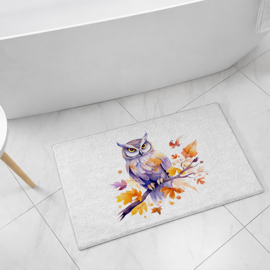 Whimsical Autumn Owl and Butterfly Bath Mat
