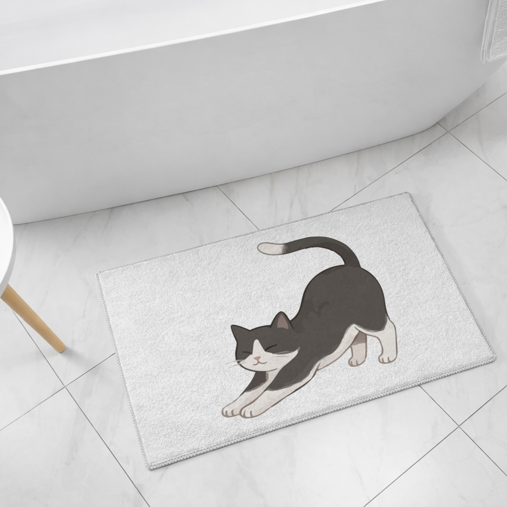 Stretching Tuxedo Cat Bath Mat