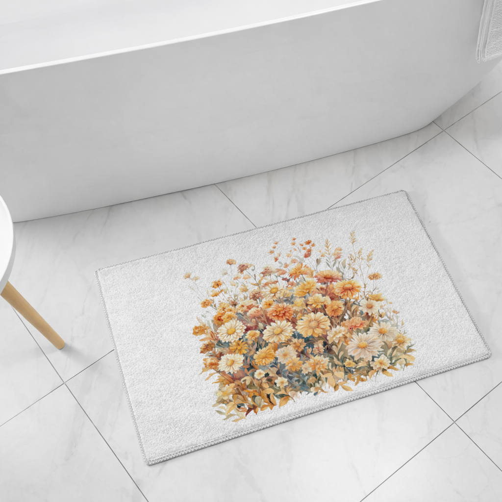 Sulu Boya Turuncu Yabani Çiçekler Banyo Halısı