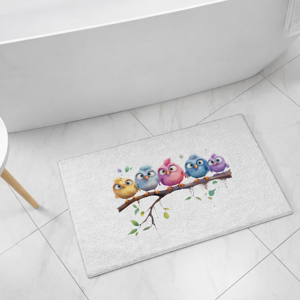 Five Colorful Kawaii Birds on Branch 