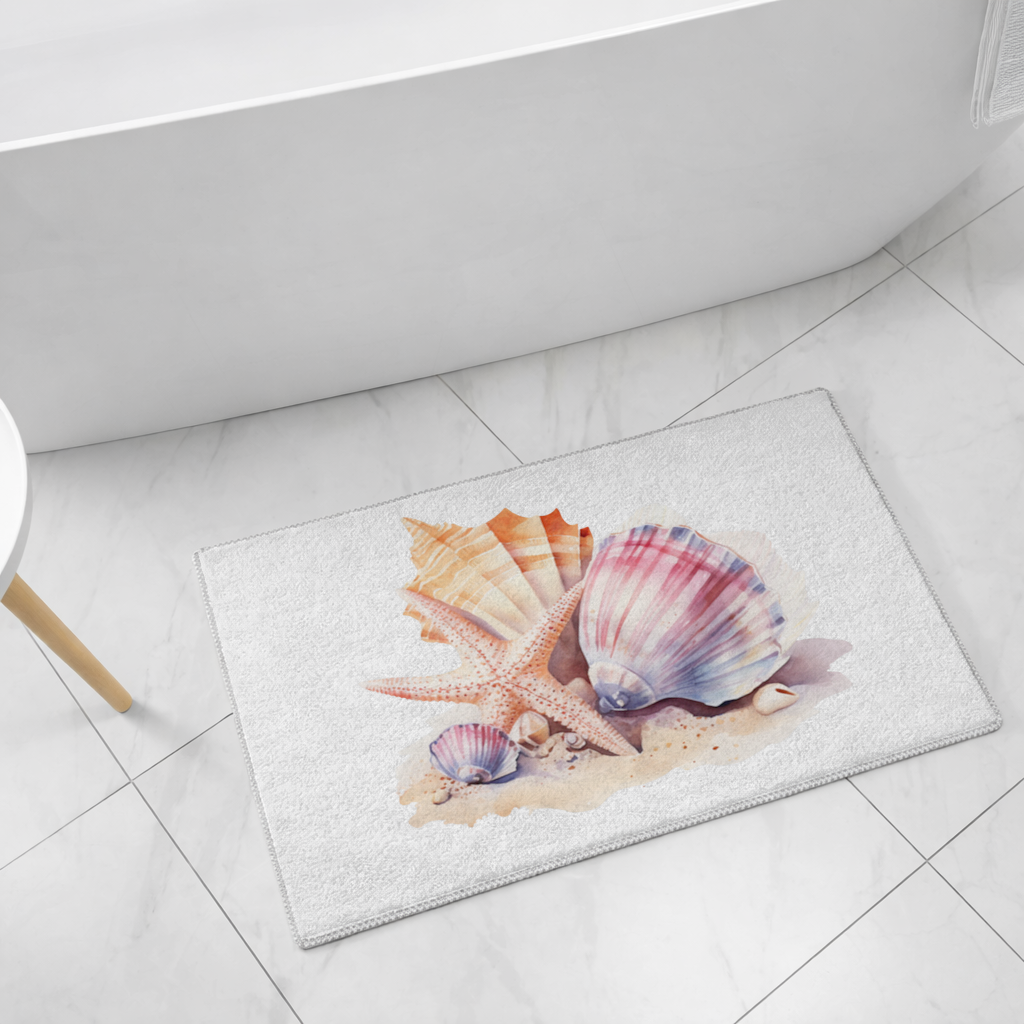 Watercolor Coastal Seashells Bath Mat