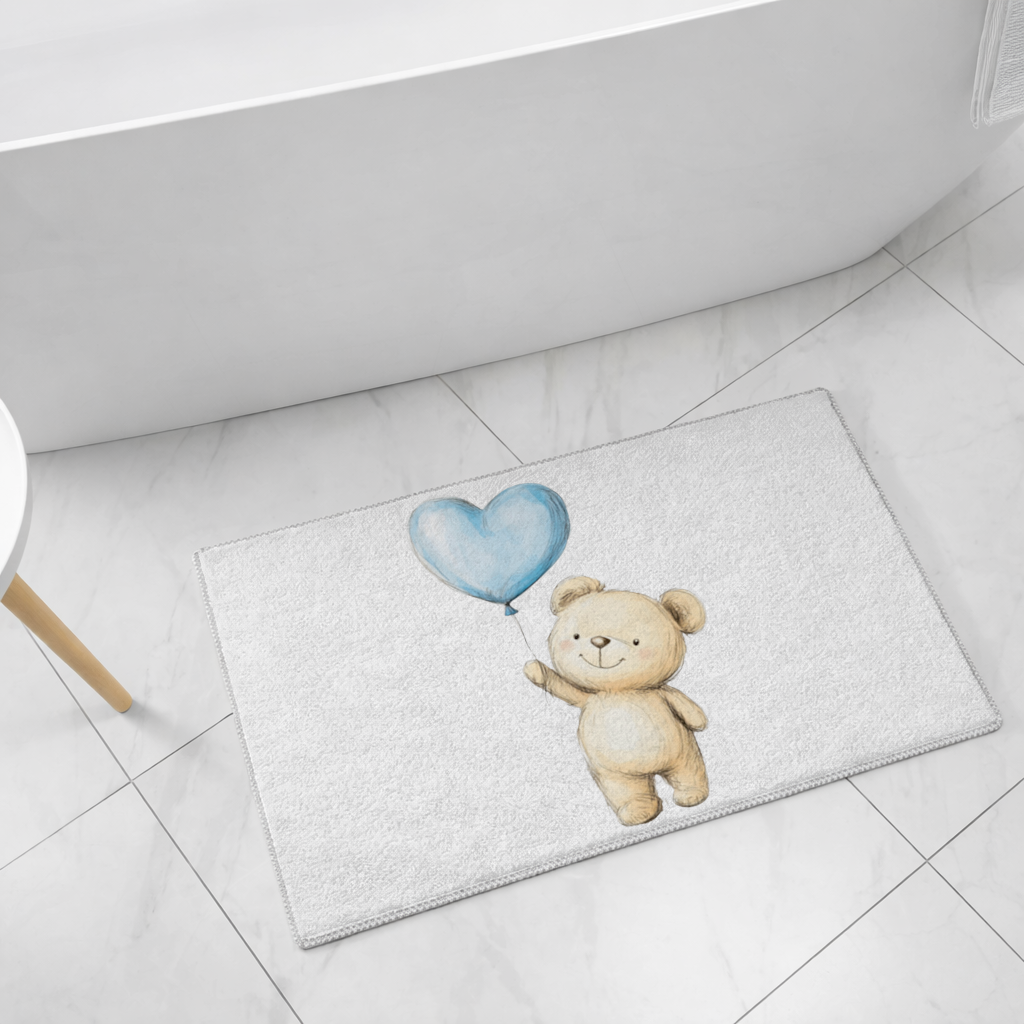 Mavi Kalp Balonlu Sevimli Ayıcık Banyo Halısı