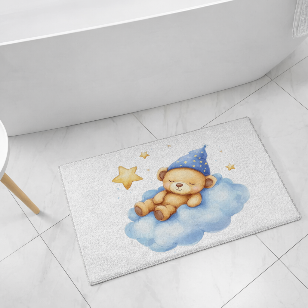 Sleeping Teddy Bear on a Cloud Bath Mat