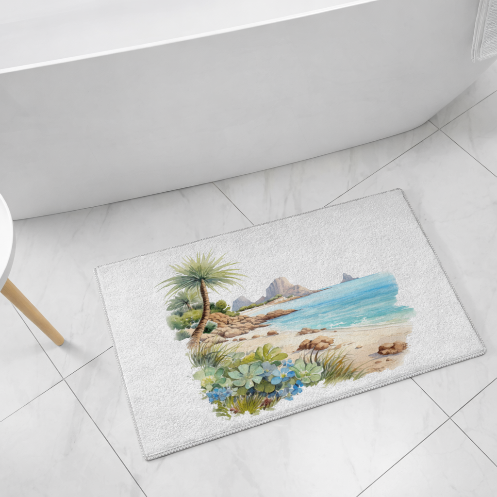 Tropical Palm Tree and Turquoise Sea Bath Mat