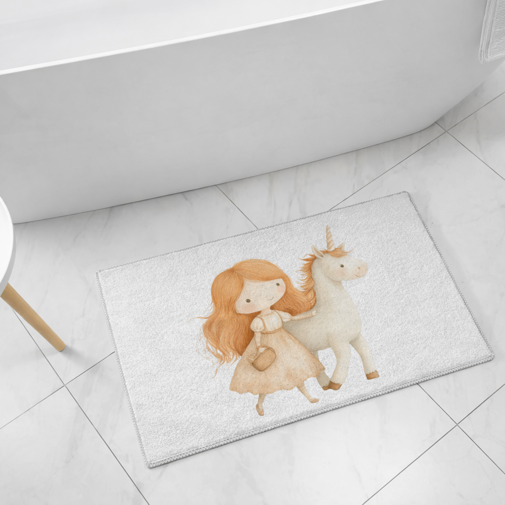 Ginger Girl with Whimsical White Unicorn Bath Mat