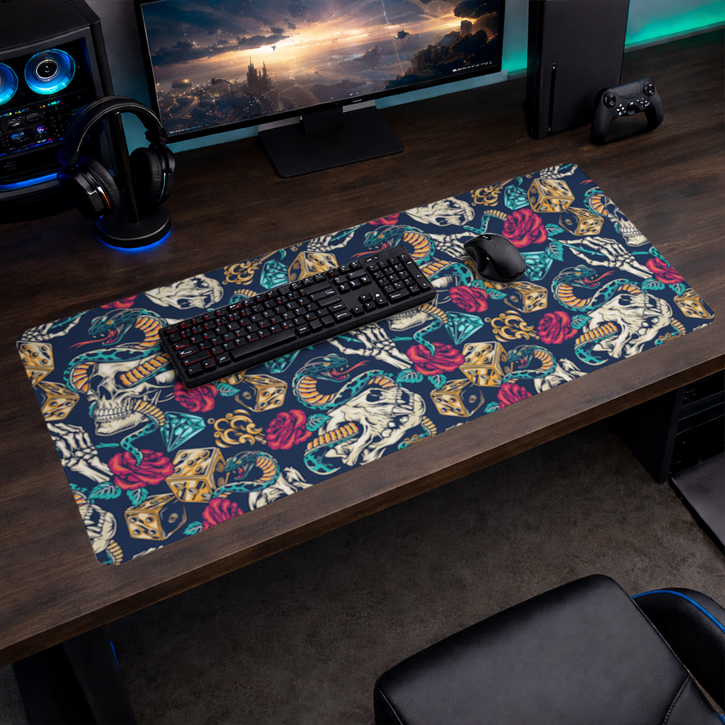 Skull Snake Dice and Roses Pattern Mouse Pad