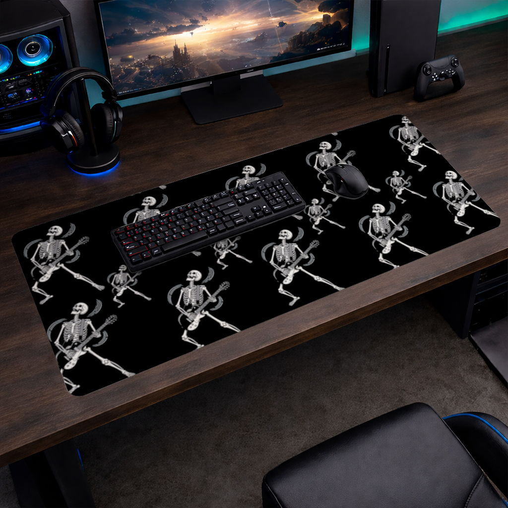 Rock Guitar Playing Skeleton Pattern on Black Mouse Pad