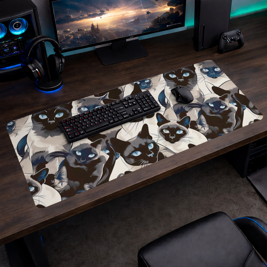 Blue Eyed Siamese Cat Elegant Illustration Pattern Mouse Pad