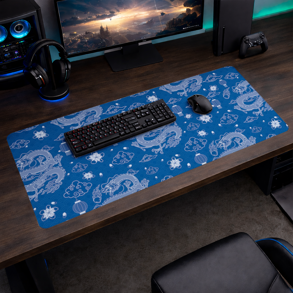 Traditional Dragon Pattern on Blue Background Mouse Pad
