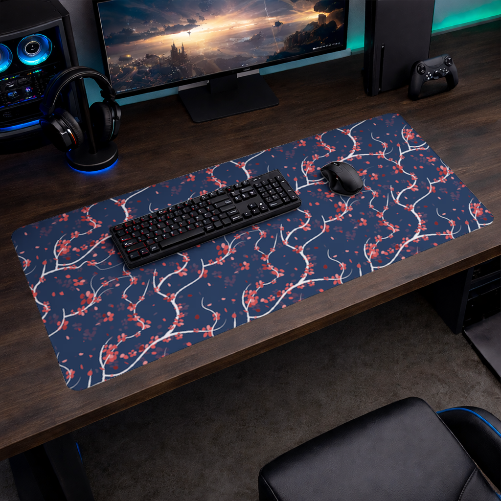 Red Floral Branch Pattern on Navy Background Mouse Pad